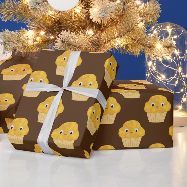 Niedlicher Cartoon Mais Muffin auf braun Geschenkpapier (Feiertage)