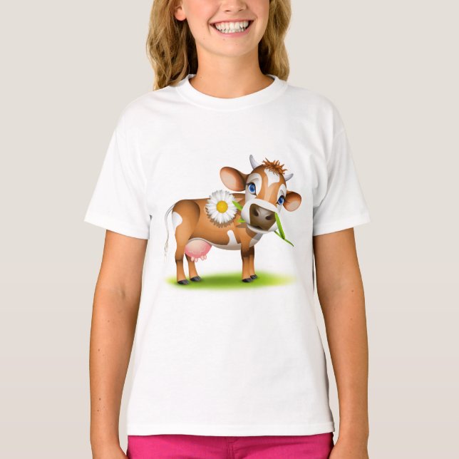 Niedlicher Cartoon Milchkühe mit Blume und Gras T-Shirt (Vorderseite)