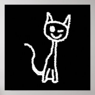 Niedlicher Cartoon mit weißer Katze. Auf Schwarz. Poster