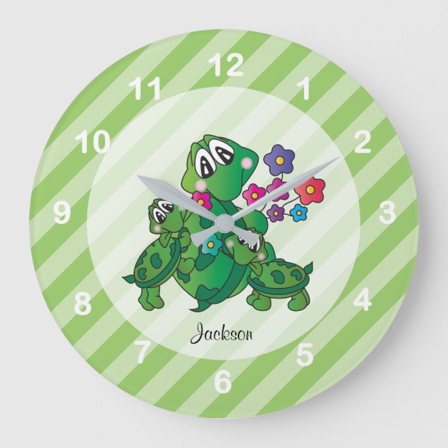 Niedlicher Cartoon Momma Turtle und ihre Babys Große Wanduhr (Vorderseite)