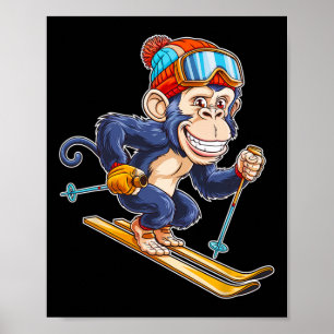 Niedlicher Cartoon Monkey Skifahren mit Skiern Poster