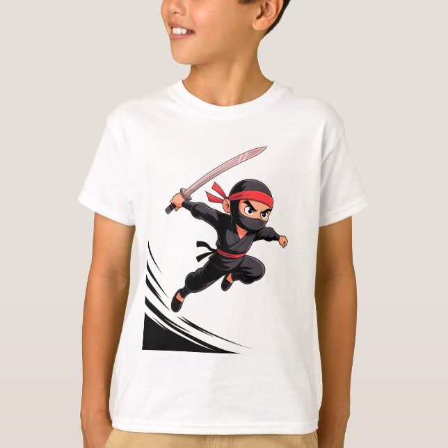 Niedlicher Cartoon Ninja Boy with Sword - Action P T-Shirt (Vorderseite)