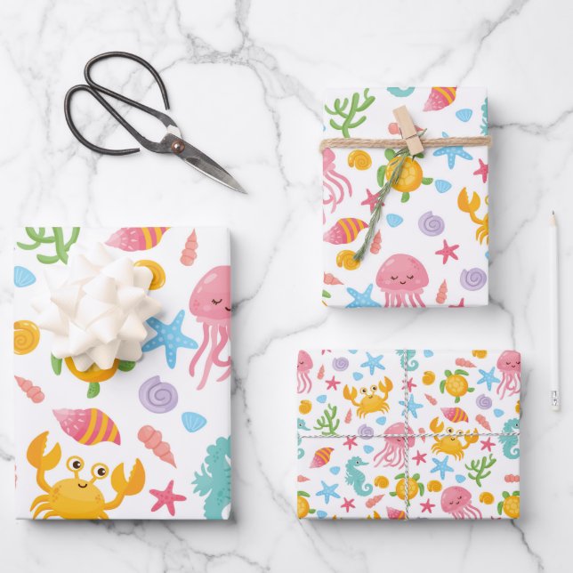 Niedlicher Cartoon Ocean Sea Life Seashell, Starfi Geschenkpapier Set (Vorderseite)