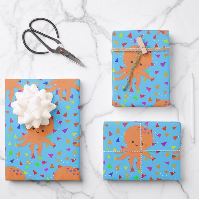 Niedlicher Cartoon Octopus Confetti Muster Geschenkpapier Set (Vorderseite)