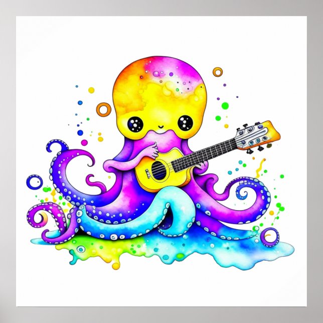Niedlicher Cartoon Octopus Gitarre spielen Poster (Vorne)