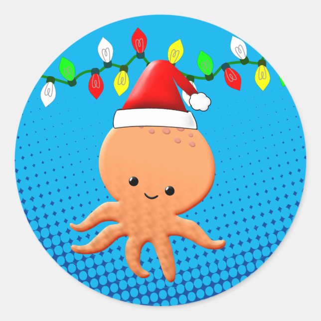 Niedlicher Cartoon Octopus Weihnachtsmannmütze Wei Runder Aufkleber (Vorderseite)