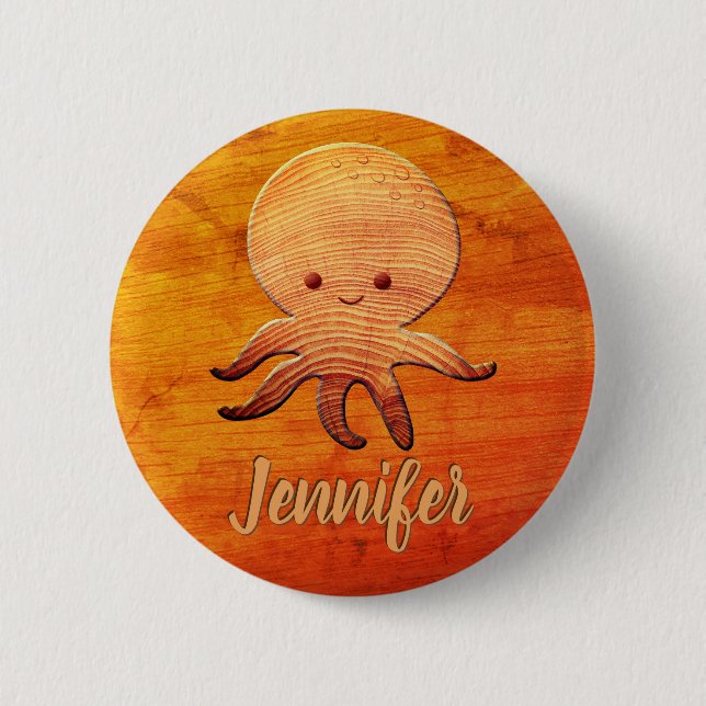 Niedlicher Cartoon Oktopus mit Imitaten Holzdruck Button (Vorderseite)