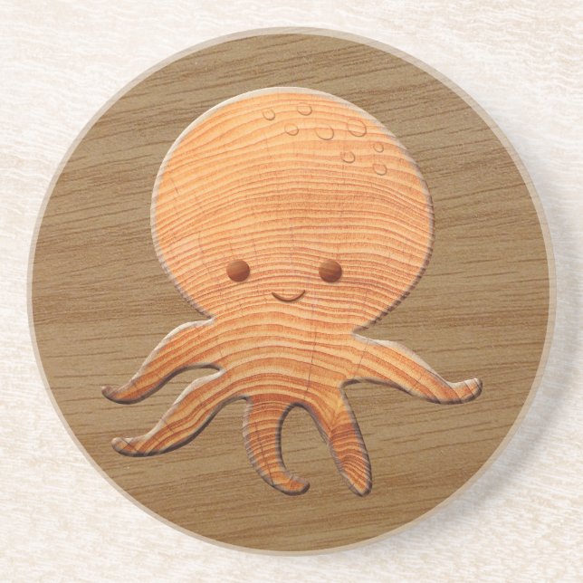 Niedlicher Cartoon Oktopus mit Imitaten Holzdruck Getränkeuntersetzer (Vorne)