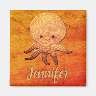 Niedlicher Cartoon Oktopus mit Imitaten Holzdruck Magnet