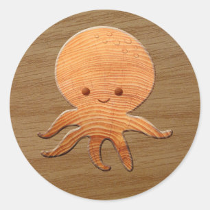 Niedlicher Cartoon Oktopus mit Imitaten Holzdruck Runder Aufkleber