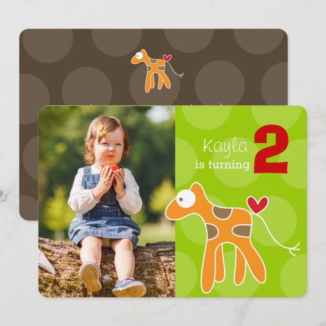 Niedlicher Cartoon Orange Giraffe Foto Kind Geburt Einladung (Vorne/Hinten)