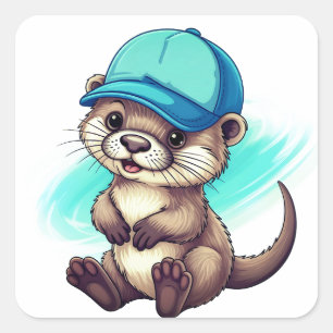 Niedlicher Cartoon-Otter mit einer blauen Baseball Quadratischer Aufkleber