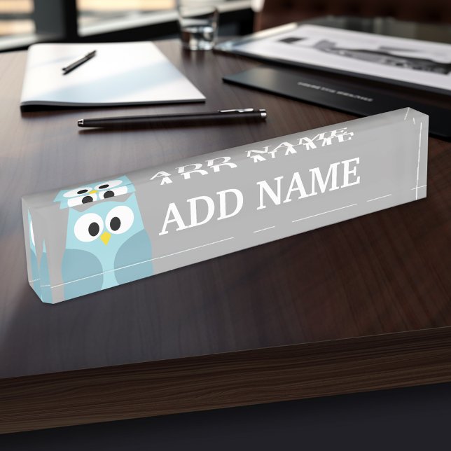 Niedlicher Cartoon Owl - Blauer und Grauer Individ Namensplakette (Personalized Name Plate for the Office, School or Home)