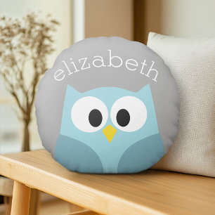 Niedlicher Cartoon Owl - Blauer und Grauer Individ Rundes Kissen