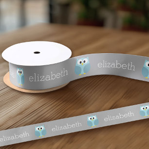 Niedlicher Cartoon Owl - Blauer und Grauer Individ Satinband