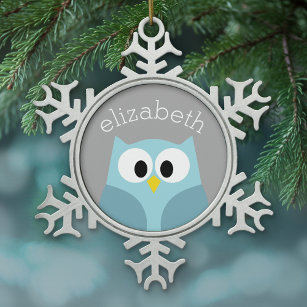 Niedlicher Cartoon Owl - Blauer und Grauer Individ Schneeflocken Zinn-Ornament
