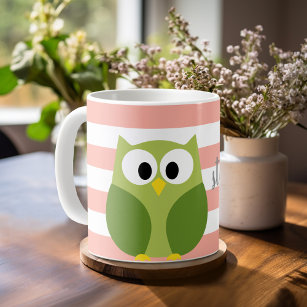 Niedlicher Cartoon Owl - Koralle & Grüne Namenskal Kaffeetasse