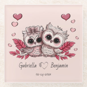 Niedlicher Cartoon Owl Liebhaber Herzenslust Valen Glasuntersetzer