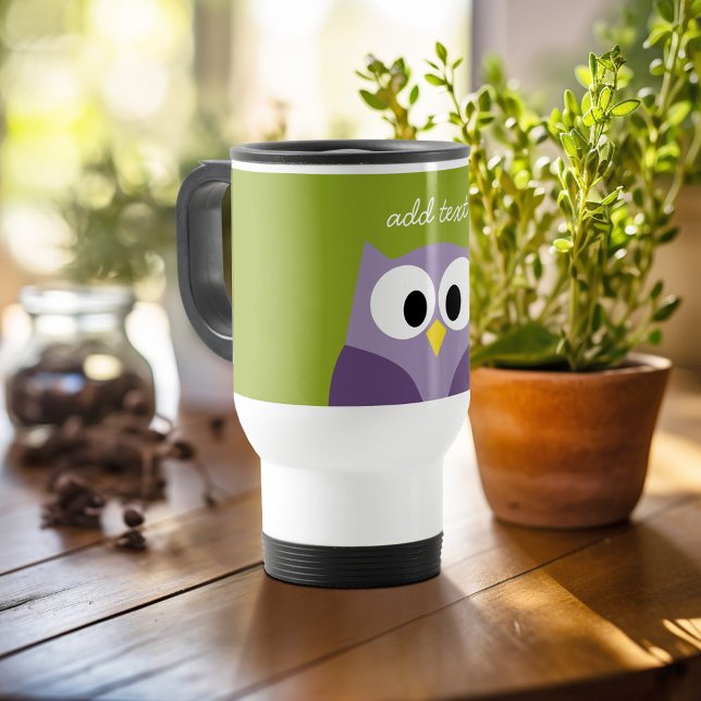 Niedlicher Cartoon Owl Lila und Pistachio Individu Reisebecher (Personalized travel mug - add photos and text or customize completely)