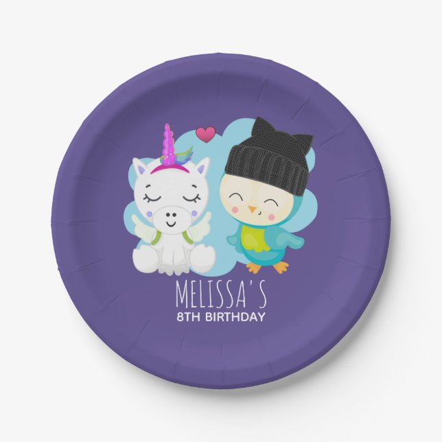 Niedlicher Cartoon Pals - Happy Unicorn & Bird Bir Pappteller (Vorderseite)