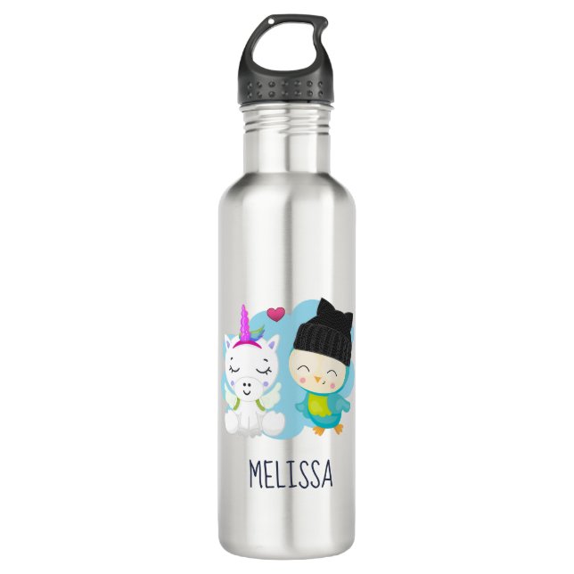 Niedlicher Cartoon Pals - Happy Unicorn & Bird Edelstahlflasche (Vorderseite)