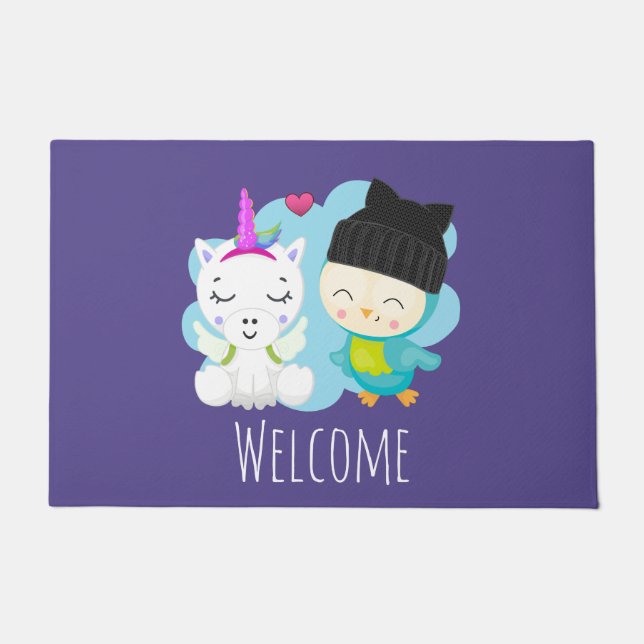 Niedlicher Cartoon Pals - Happy Unicorn & Bird Fußmatte (Vorderseite)
