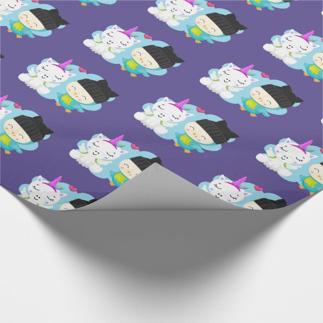 Niedlicher Cartoon Pals - Happy Unicorn & Bird Geschenkpapier (Ecke)