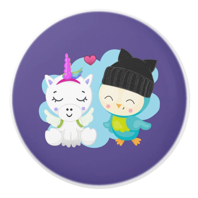 Niedlicher Cartoon Pals - Happy Unicorn & Bird Keramikknauf (Vorderseite)