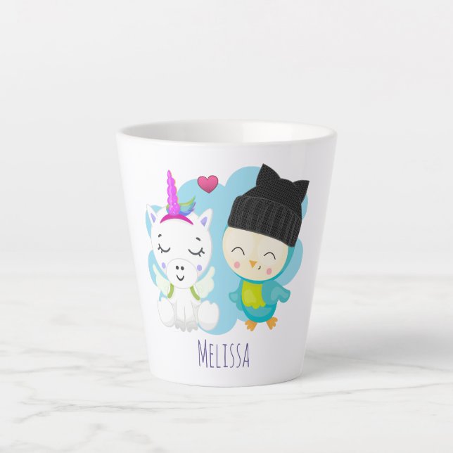 Niedlicher Cartoon Pals - Happy Unicorn & Bird Milchtasse (Vorderseite)