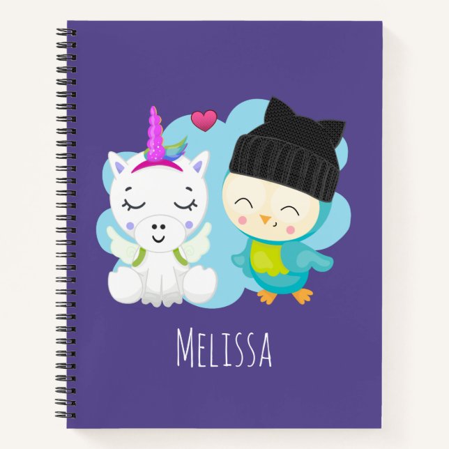 Niedlicher Cartoon Pals - Happy Unicorn & Bird Notizbuch (Vorderseite)