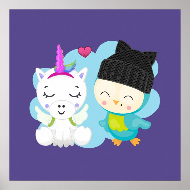 Niedlicher Cartoon Pals - Happy Unicorn & Bird Poster (Vorne)