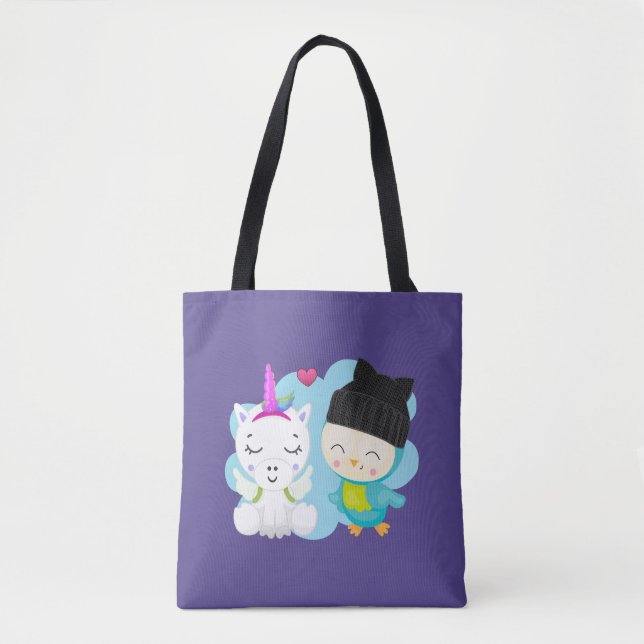 Niedlicher Cartoon Pals - Happy Unicorn & Bird Tasche (Vorderseite)
