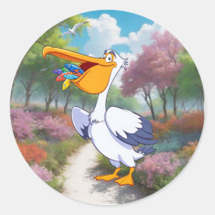 Niedlicher Cartoon Pelican mit Fisch, Seevögel Runder Aufkleber