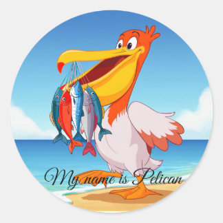 Niedlicher Cartoon Pelican mit Fischaufkleber Runder Aufkleber