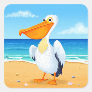 Niedlicher Cartoon Pelican, Seevögel Quadratischer Aufkleber