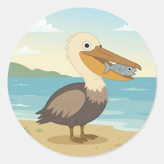 Niedlicher Cartoon Pelican, Seevögel Runder Aufkleber (Vorderseite)