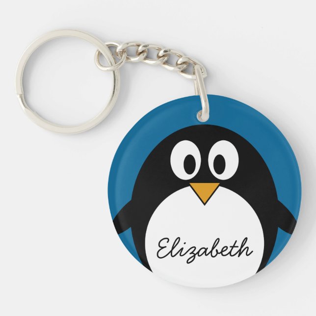 niedlicher Cartoon Penguin mit blauem Hintergrund Schlüsselanhänger (Vorderseite)