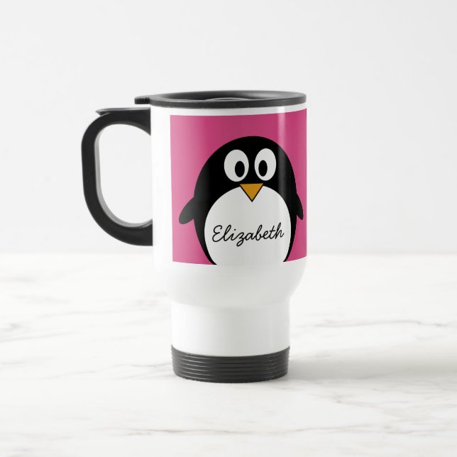 niedlicher Cartoon Penguin mit rosa Hintergrund Reisebecher (Links)