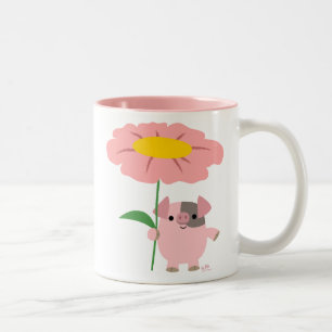 Niedlicher Cartoon Piggy mit einem Geschenk (Rosa) Zweifarbige Tasse