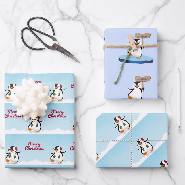Niedlicher Cartoon Pinguin Frohe Weihnachten Geschenkpapier Set (Vorderseite)