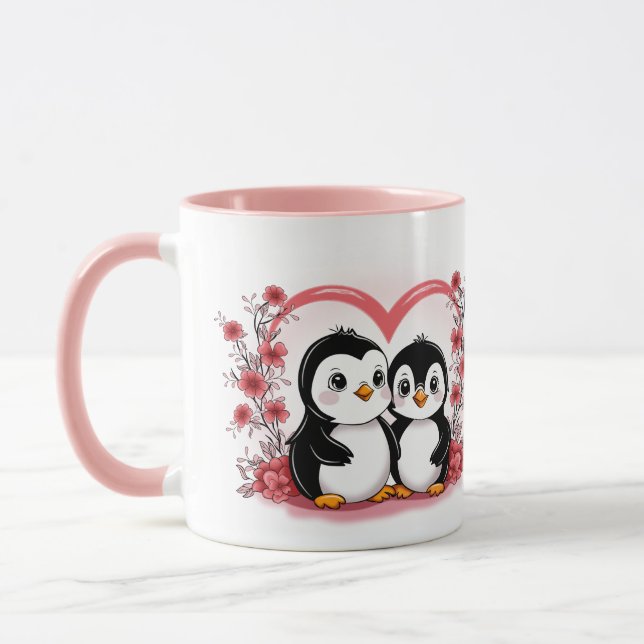 Niedlicher Cartoon Pinguin Liebhaber Herzens Valen Tasse (Links)