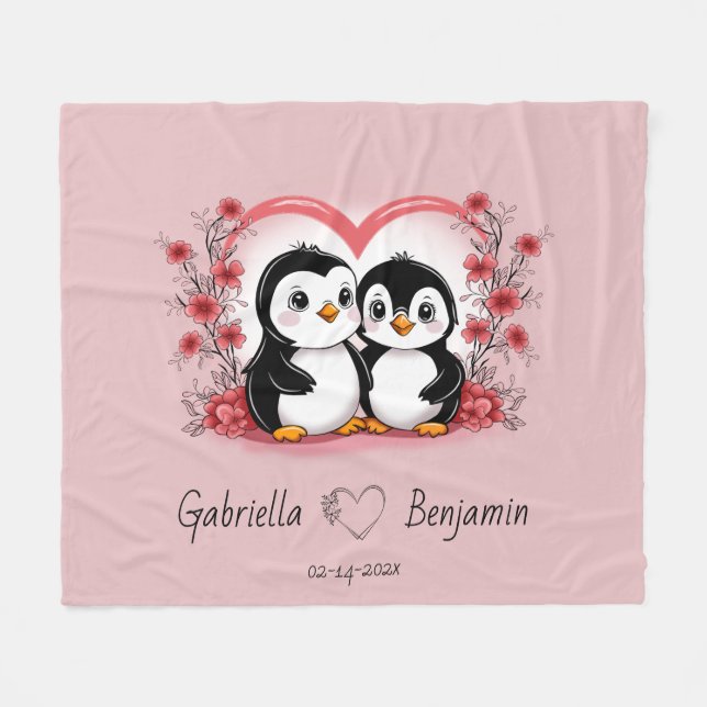 Niedlicher Cartoon Pinguin Liebhaber Herzlich Will Fleecedecke (Vorderseite (Horizontal))