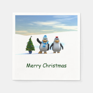 Niedlicher Cartoon Pinguin Pair mit Baum Serviette