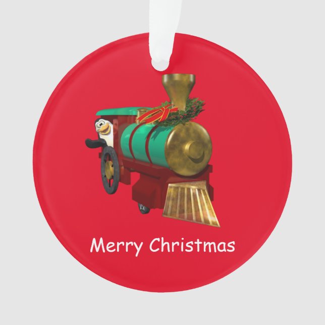 Niedlicher Cartoon Pinguin und Weihnachtszug Ornament (Vorderseite)