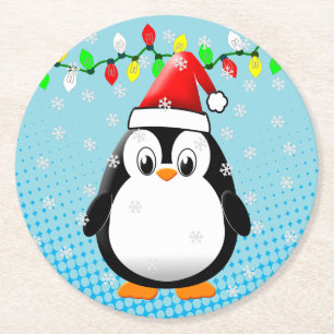 Niedlicher Cartoon Pinguin Weihnachtsmannmütze Wei Runder Pappuntersetzer