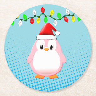 Niedlicher Cartoon Pinguin Weihnachtsmannmütze Wei Runder Pappuntersetzer
