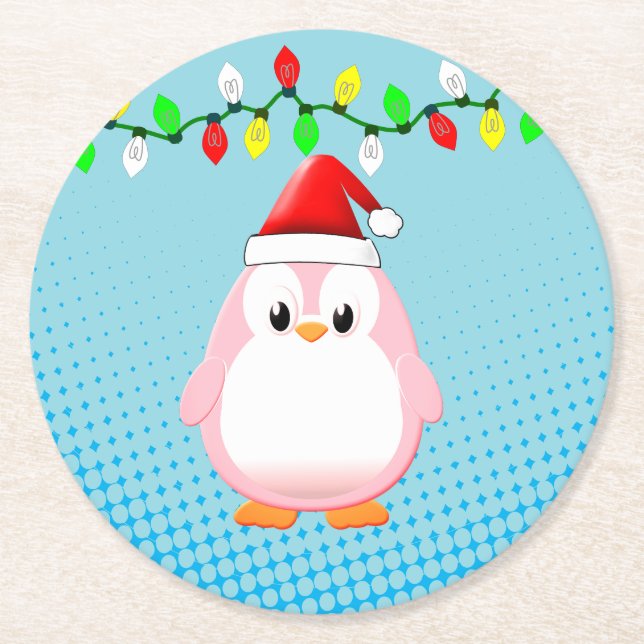 Niedlicher Cartoon Pinguin Weihnachtsmannmütze Wei Runder Pappuntersetzer (Vorderseite)