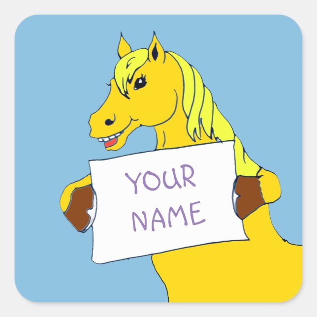 Niedlicher Cartoon Pony mit Meldung Quadratischer Aufkleber (Vorderseite)