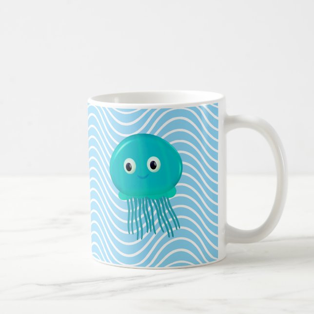 Niedlicher Cartoon Quallen im blauen Ozean Kaffeetasse (Rechts)