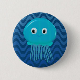 Niedlicher Cartoon-Quallen in blauen Wellen Button